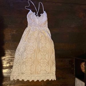 Vici White Lace Engagement Rehearsal Wedding Midi Dress